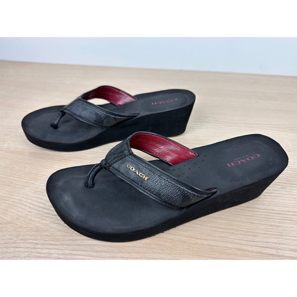 Coach Black Leather Wedge Thong Sandals Platform Flip Flops Women's 8 - Picture 3 of 8